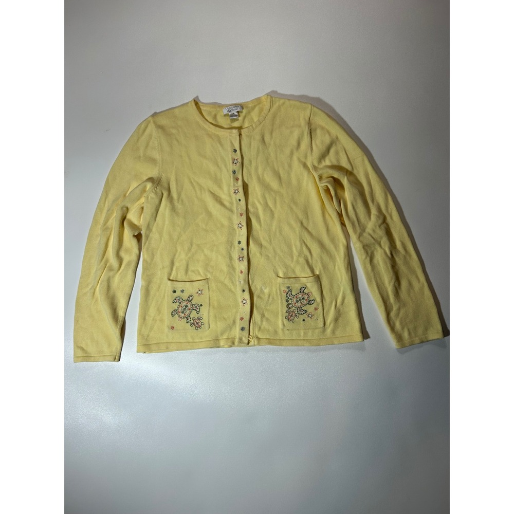 Christopher & Banks Cardigan Women M Yellow Excellent Embroidered Turtle Knit